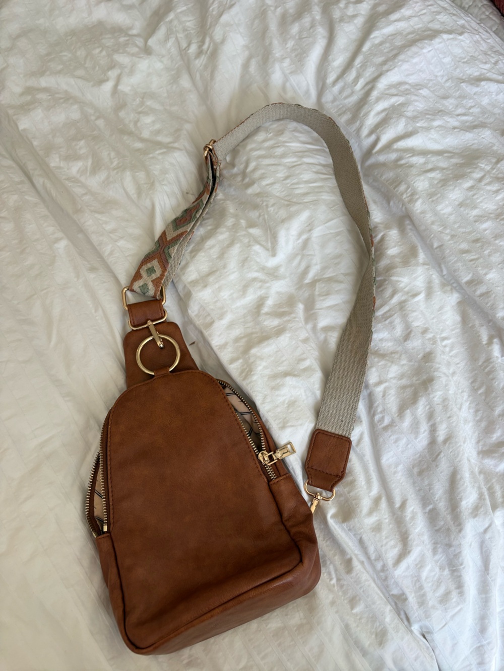 Brown Crossbody Sling Bag with Patterned Strap